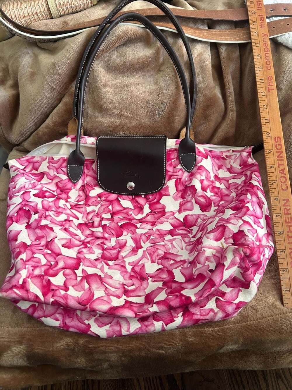 Longchamp Rose Petal Canvas Tote Bag Pink White